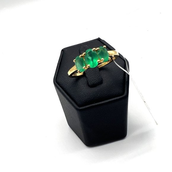 3 Stone Genuine Green Oval Onyx Ring Sterling Silver Vermeil Size 9.25 NWT - Picture 1 of 10
